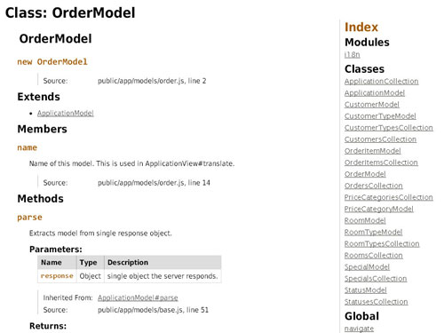 Example screenshot of the documentation of the client generated using JSDoc.