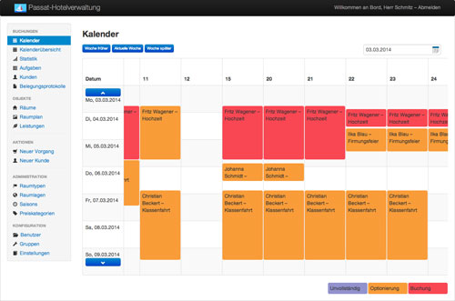 Screenshot of the client of the Passat Accommodation Scheduling System. In the calendar you can see all appointments of one week for all rooms.