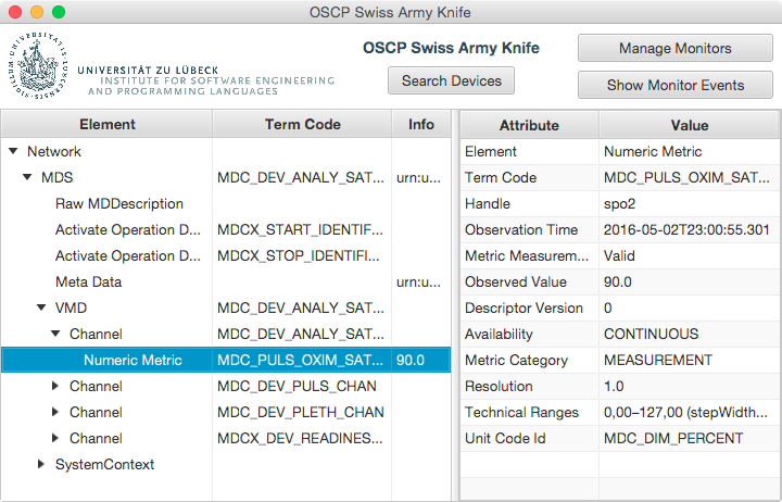 Screenshot of inspecting the running pulse oximeter with the Swiss Army Knife.